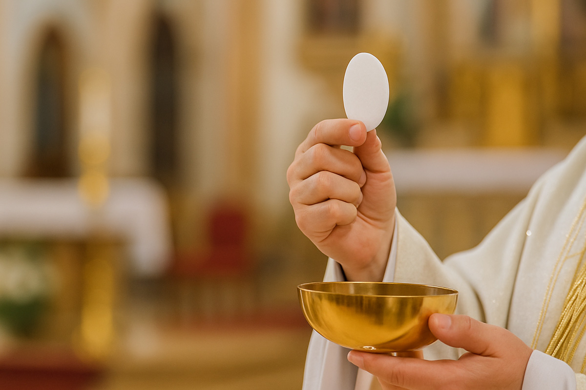 Priest hands with bowl and biscuit